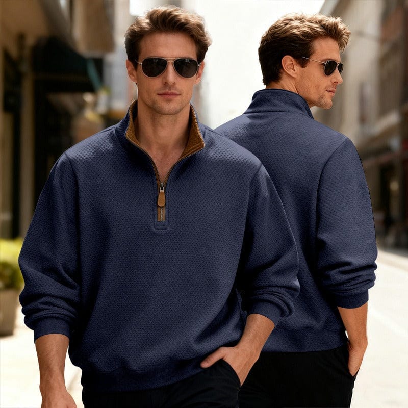 Men's textured quarter-zip pullover sweater by Homixa with stand collar and long sleeves, displayed on a neutral background.