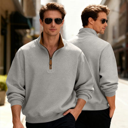 Men's textured quarter-zip sweater with stand collar and long sleeves, by Homixa, featuring a stylish and cozy knit design.