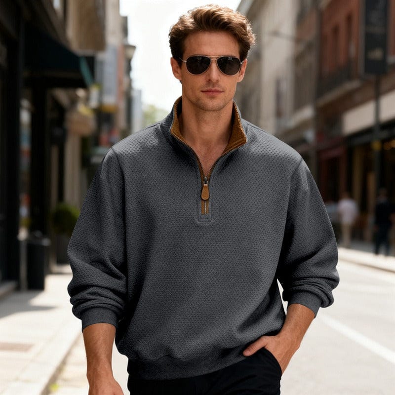 Men's textured quarter-zip pullover sweater by Homixa featuring a stand collar and long sleeves, displayed on a model