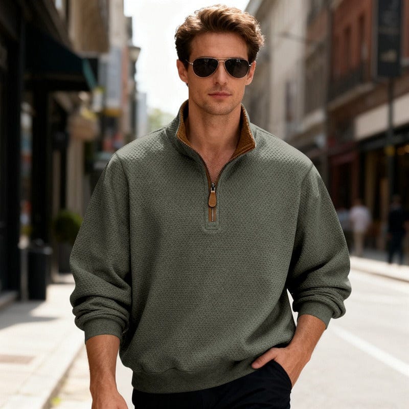 Homixa men's textured quarter-zip pullover sweater with stand collar and long sleeves, shown on a male model.
