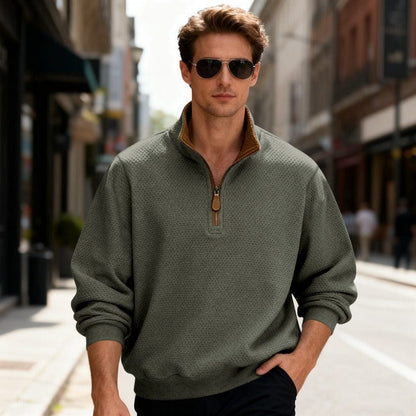 Homixa men's textured quarter-zip pullover sweater with stand collar and long sleeves, shown on a male model.