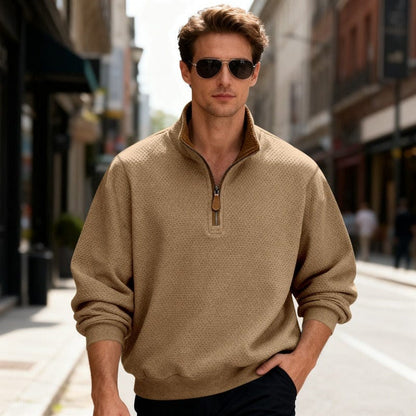 Men's textured quarter-zip pullover sweater by Homixa featuring a stand collar and long sleeves, displayed on a neutral background.
