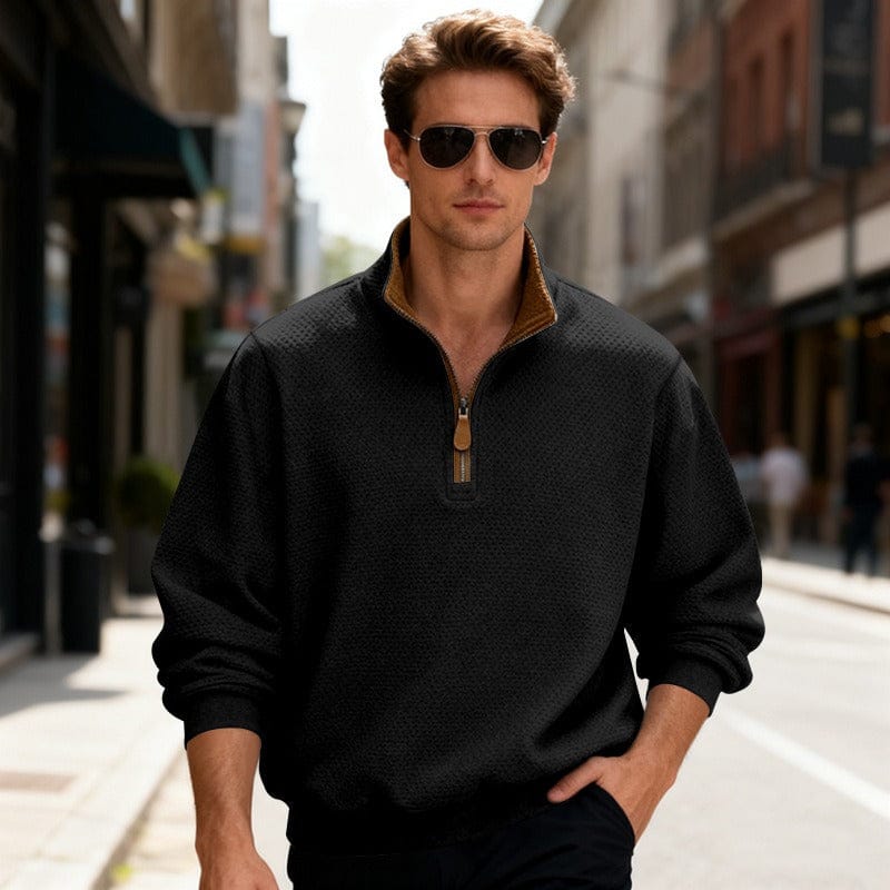 Men's textured quarter-zip sweater by Homixa featuring a stand collar, long sleeves, and a cozy knit design.