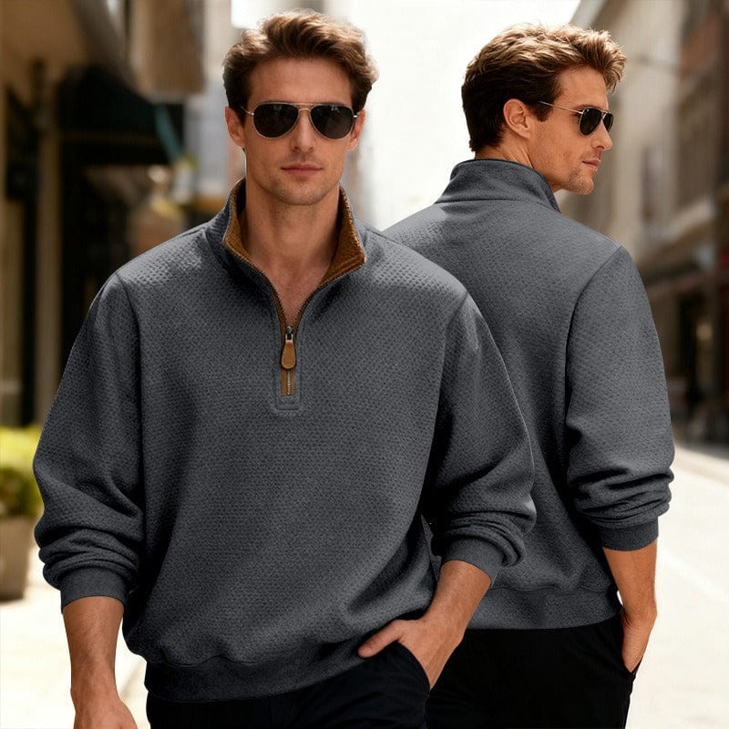 Men's textured quarter-zip sweater by Homixa featuring stand collar and long sleeves, shown in a close-up view.