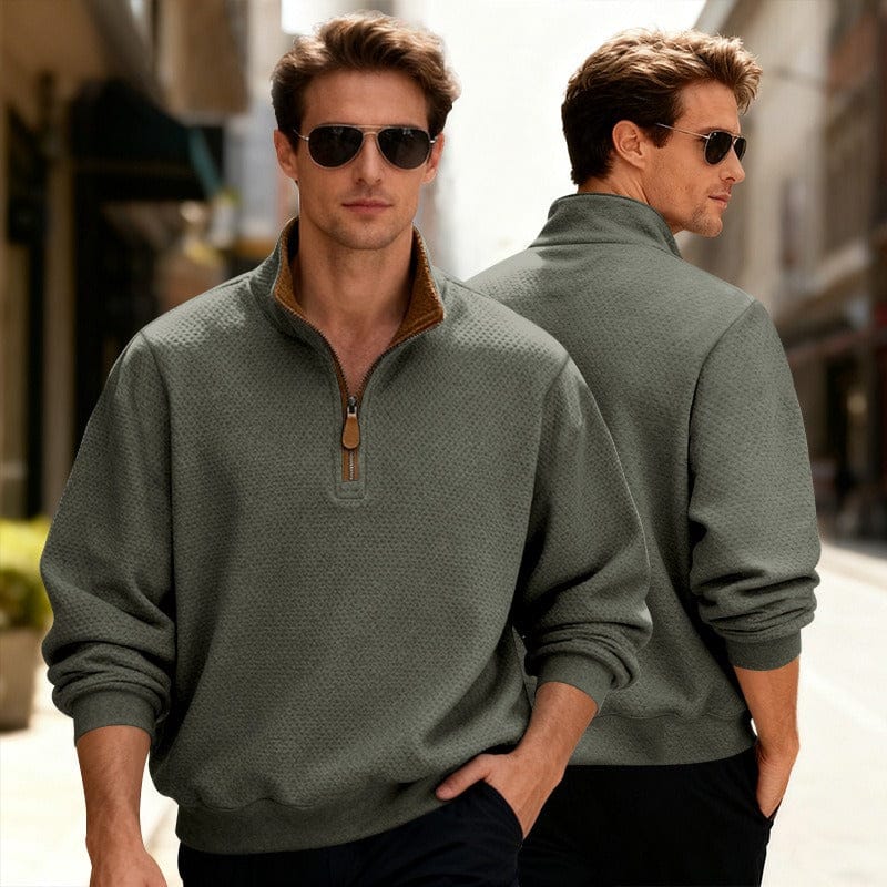 Men's textured quarter-zip pullover sweater by Homixa with stand collar, long sleeves, and a stylish knitted design.