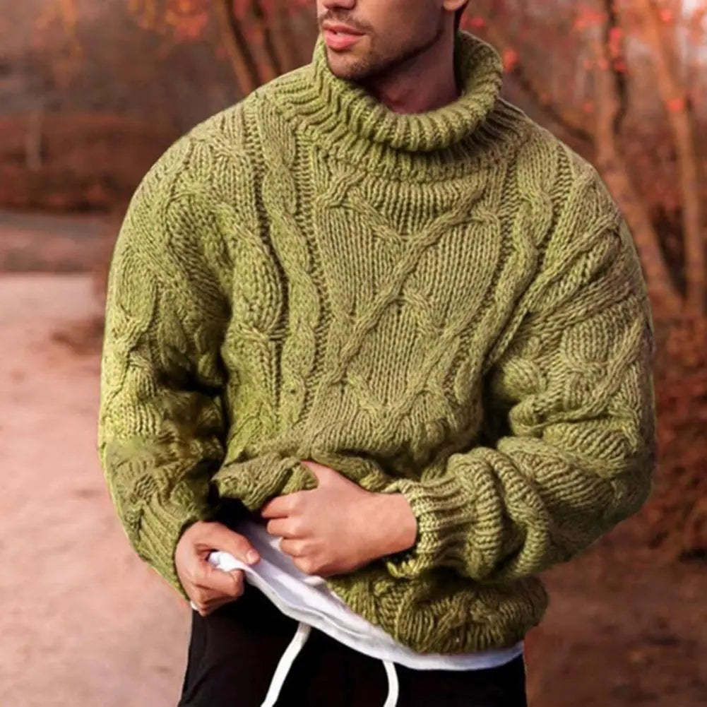 Men's thick cable-knit turtleneck sweater by Homixa featuring a ribbed collar and cuffs, ideal for cozy winter wear.