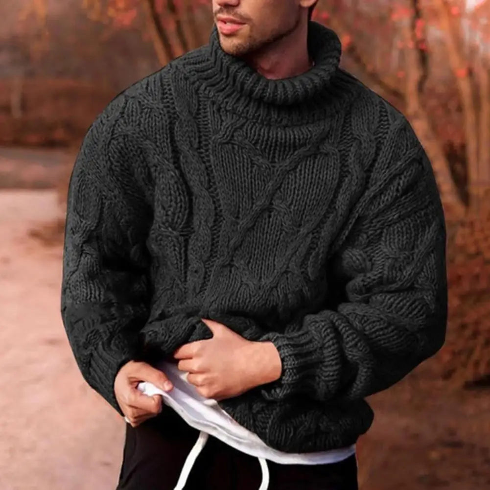 Men's thick cable-knit turtleneck sweater from Homixa with ribbed collar and cuffs, showcasing cozy knit texture and classic style.
