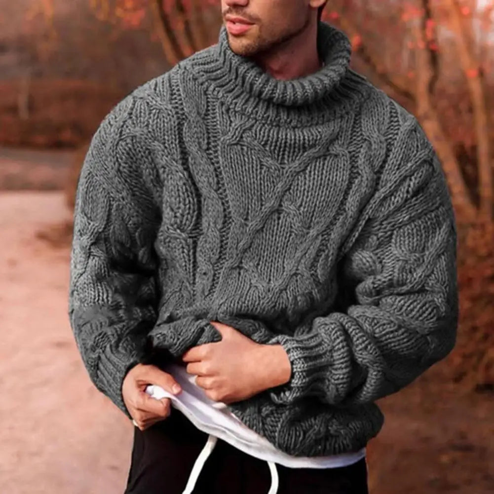 Men's thick cable-knit turtleneck sweater by Homixa with ribbed collar and cuffs, showcasing a cozy and stylish knit design.