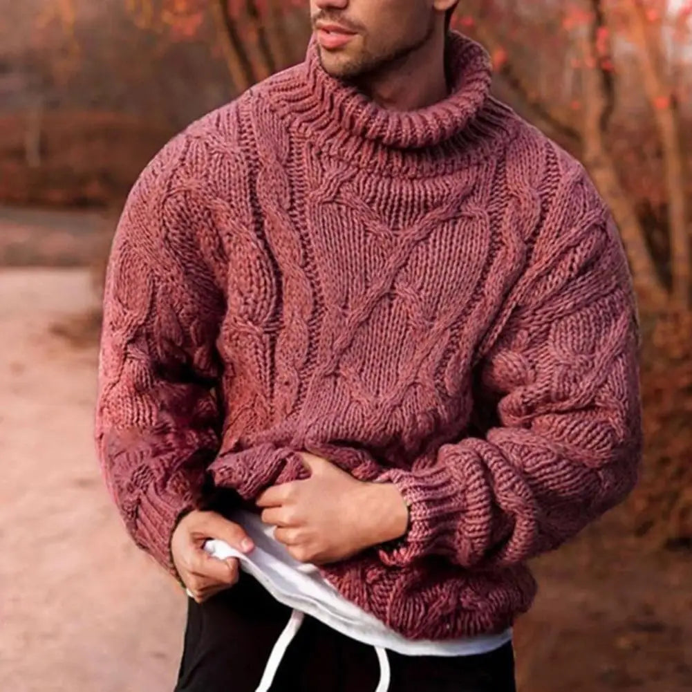Men's thick cable-knit turtleneck sweater by Homixa featuring ribbed collar and cuffs, cozy and stylish winter knitwear.