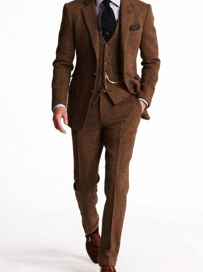 Men's three-piece herringbone tweed outfit set with jacket, vest, and pants in classic fit by Homixa, showcasing detailed pattern and tailoring.
