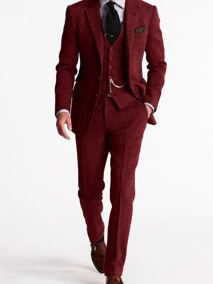 Men's three-piece herringbone tweed outfit set by Homixa, includes jacket, vest, and pants in a classic fit style.