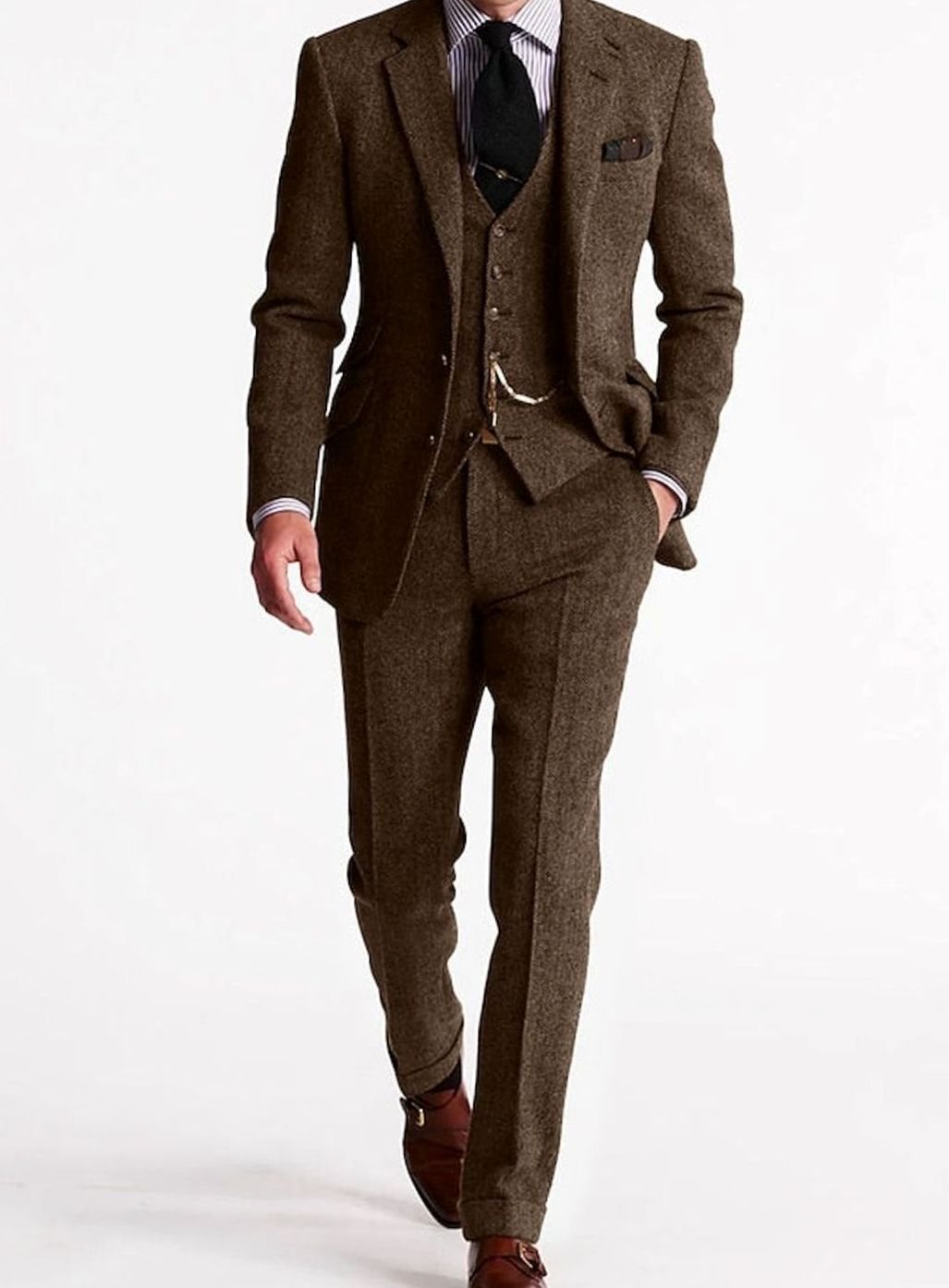 Men's three-piece herringbone tweed outfit set by Homixa with jacket, vest, and pants in classic fit, shown on a hanger.