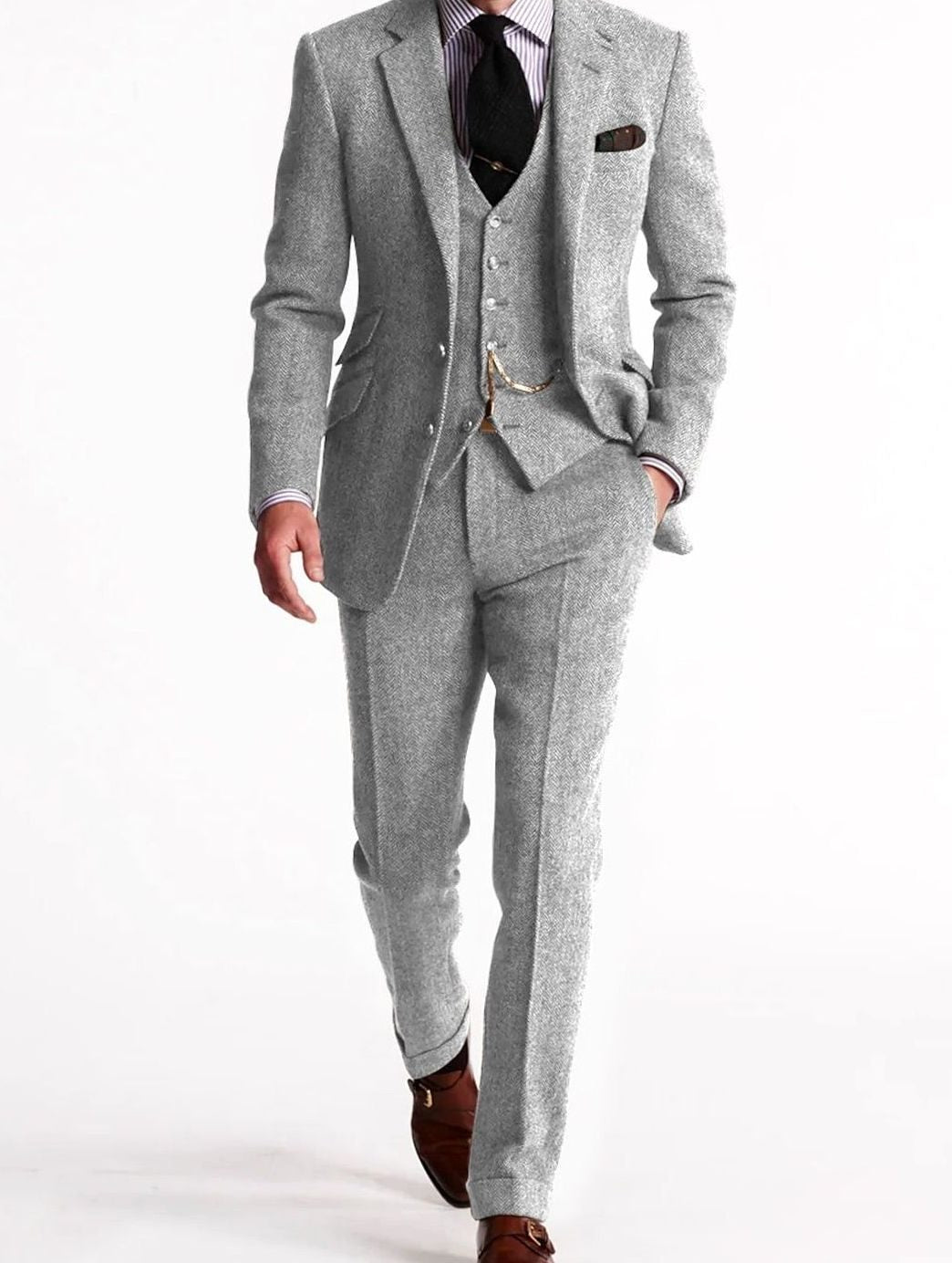 Men's three-piece herringbone tweed outfit set by Homixa with classic-fit jacket, vest, and pants displayed on a model.