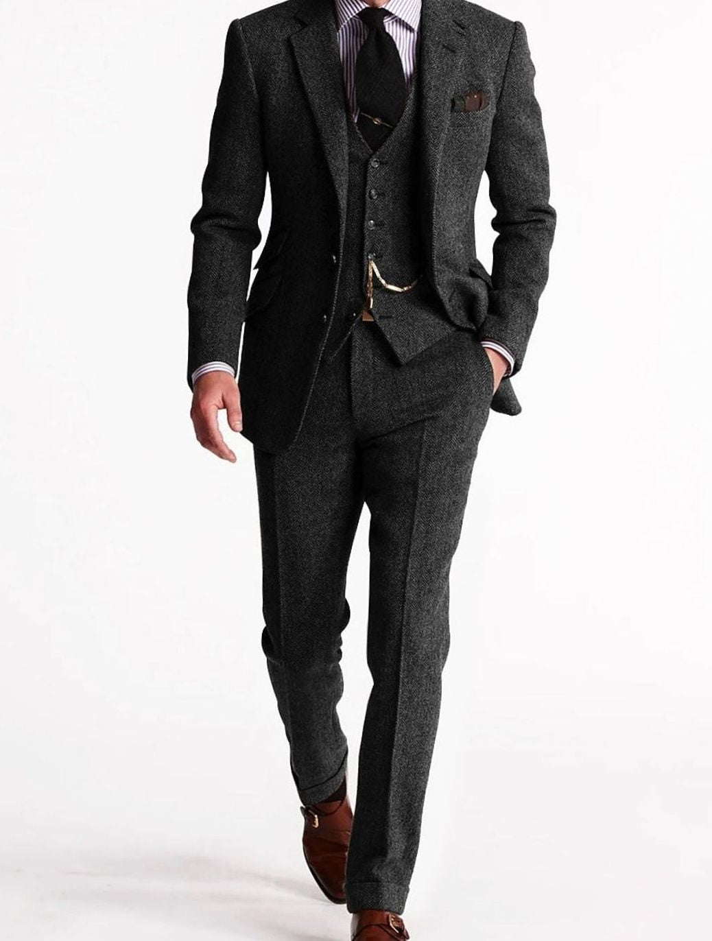 Men's three-piece herringbone tweed outfit set by Homixa featuring a jacket, vest, and pants in a classic fit style.