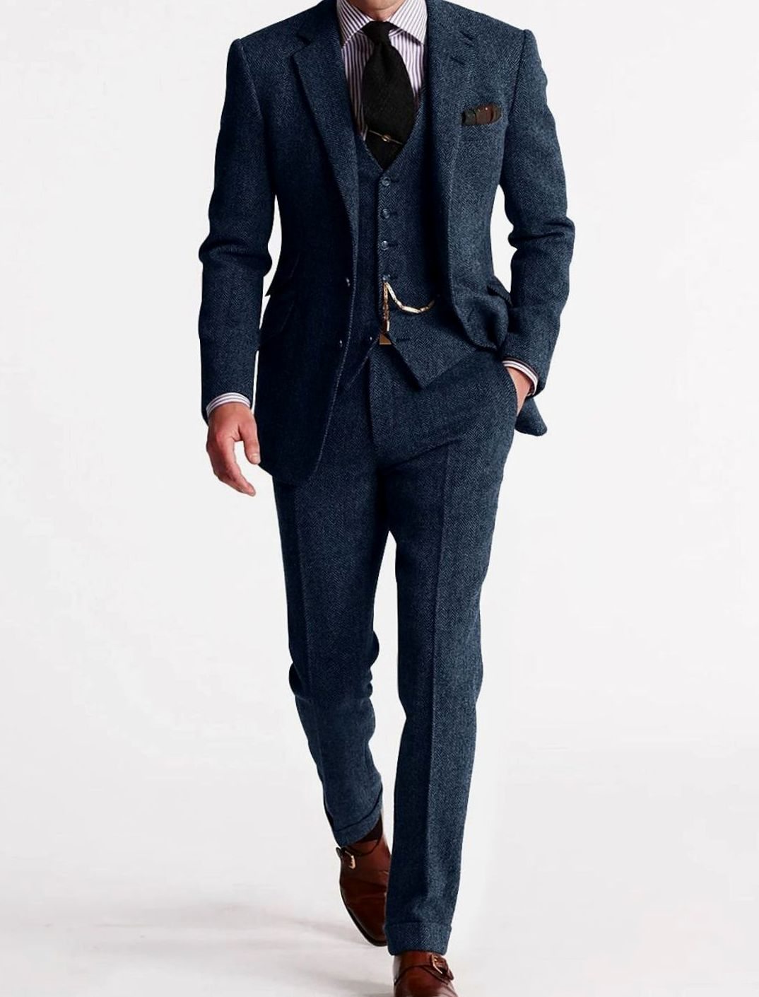 Men's three-piece herringbone tweed outfit set by Homixa, including jacket, vest, and pants in a classic fit style.
