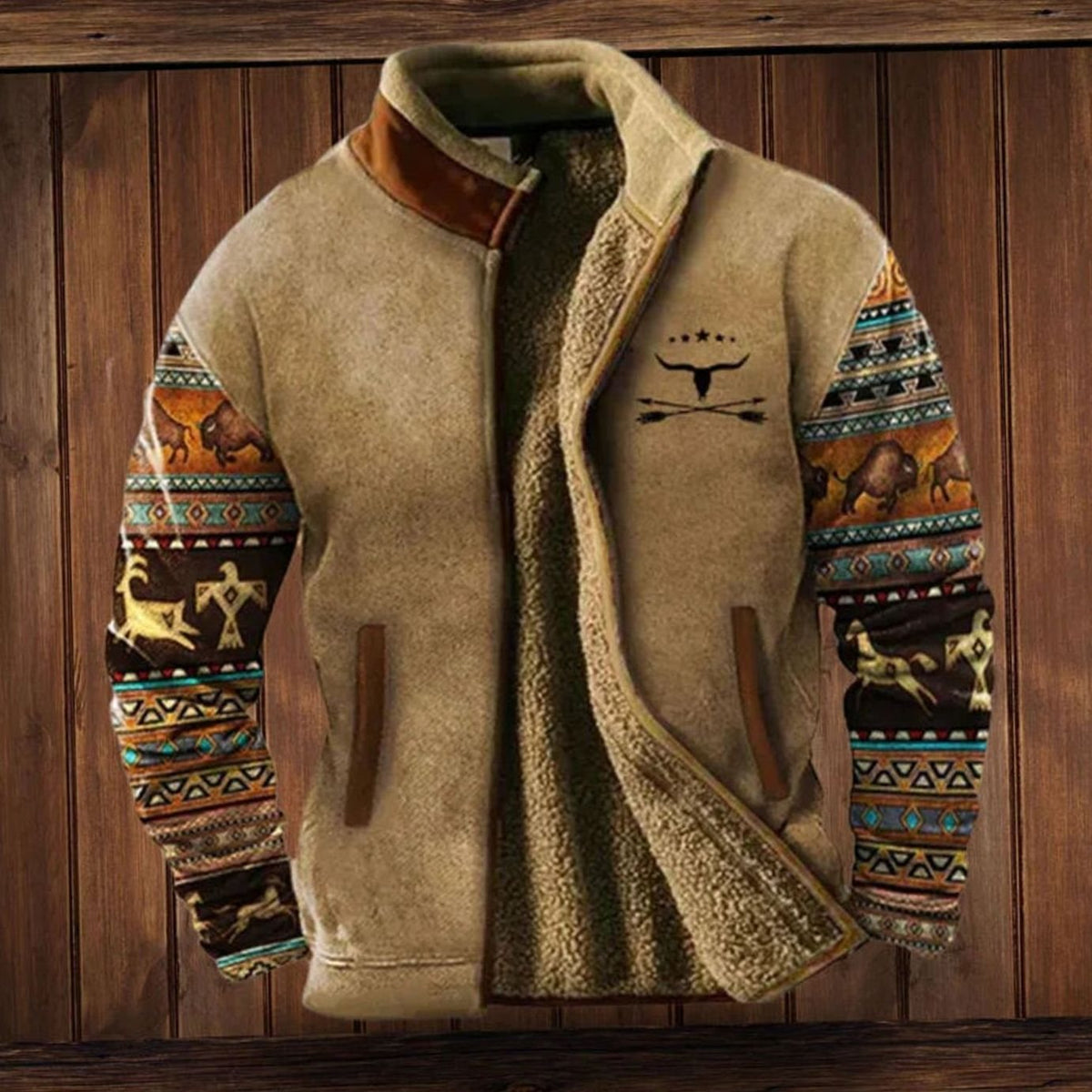 Men's tribal-print Sherpa-lined full-zip winter coat by Homixa with fleece interior, featuring a warm and stylish design.