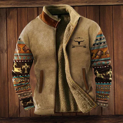 Men's tribal-print Sherpa-lined full-zip winter coat by Homixa with fleece interior, featuring a warm and stylish design.