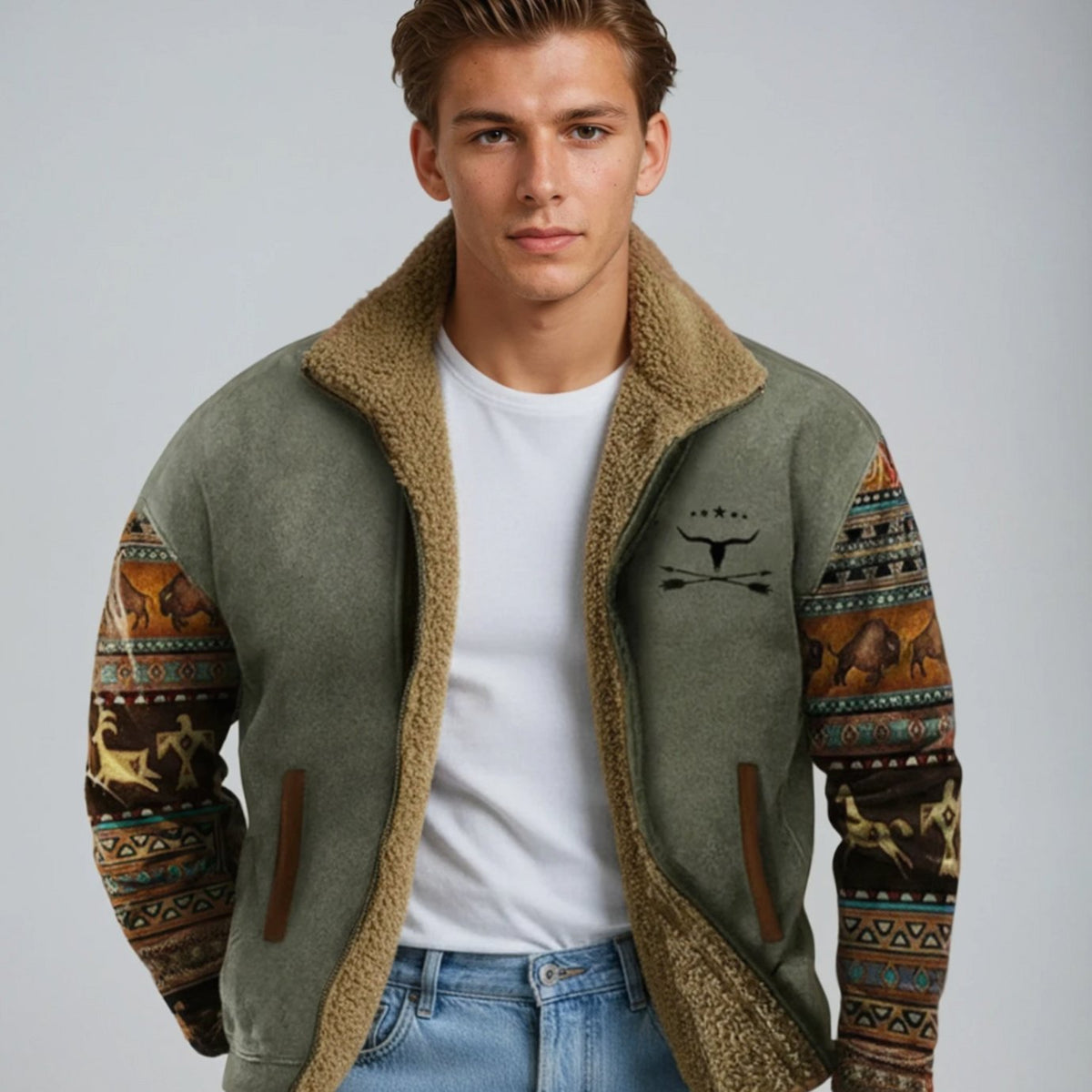 Men's tribal-print sherpa-lined full-zip winter coat from Homixa with fleece interior and cozy, warm design.