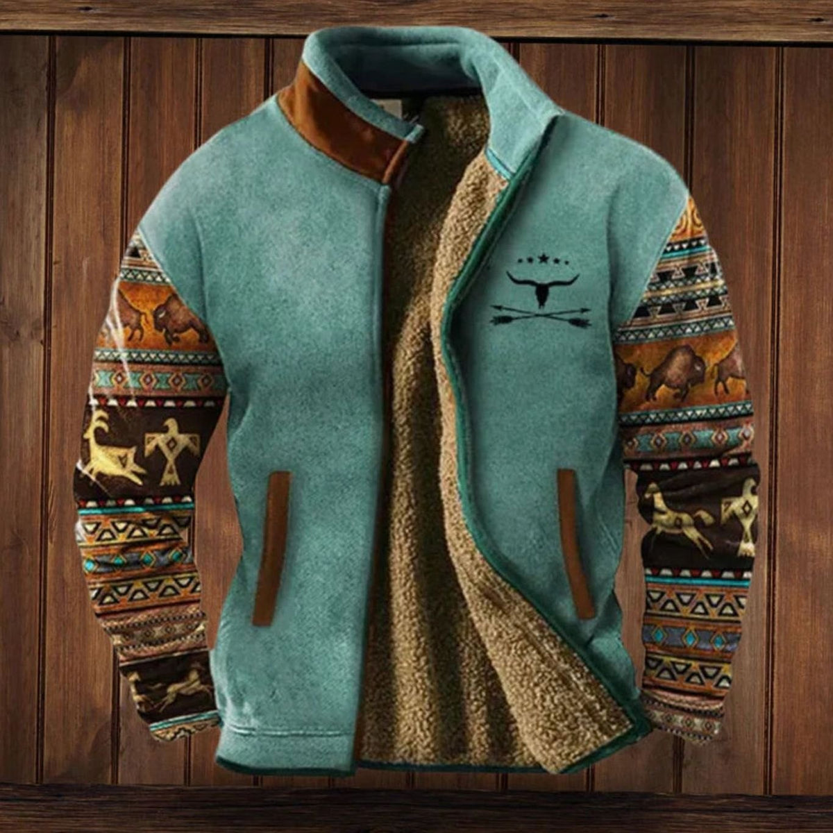 Men's tribal-print Sherpa-lined full-zip winter coat with fleece interior by Homixa, featuring a cozy, stylish design.