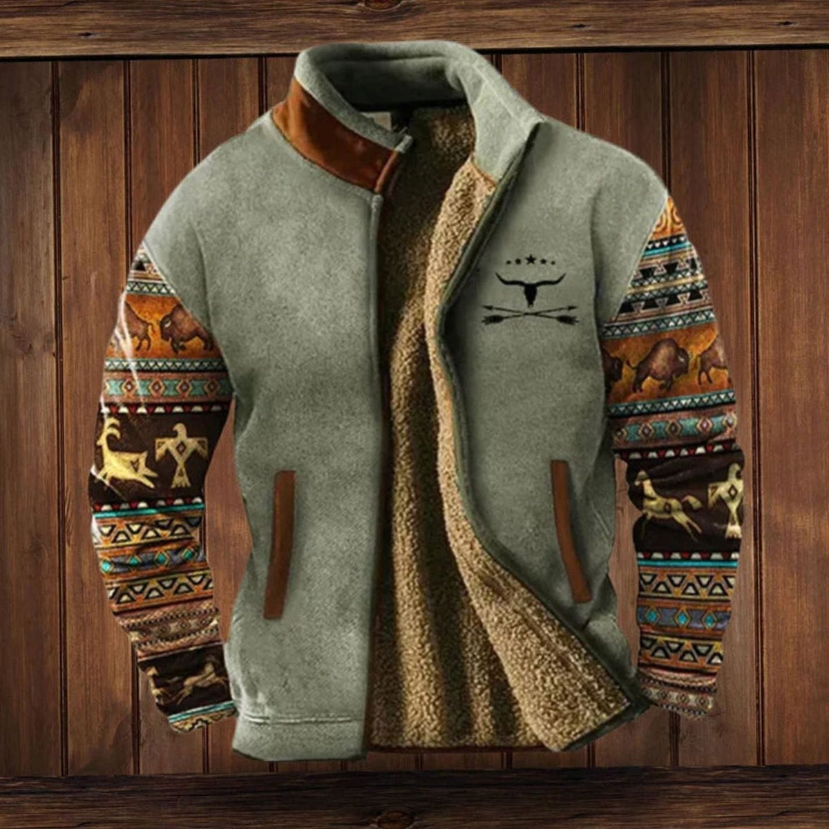 Men's tribal-print sherpa-lined full-zip winter coat by Homixa with fleece interior, warm and stylish for cold weather.