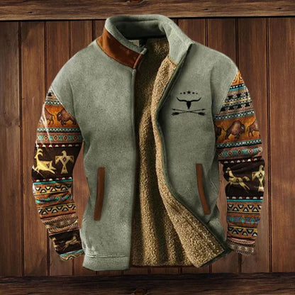 Men's tribal-print sherpa-lined full-zip winter coat by Homixa with fleece interior, warm and stylish for cold weather.