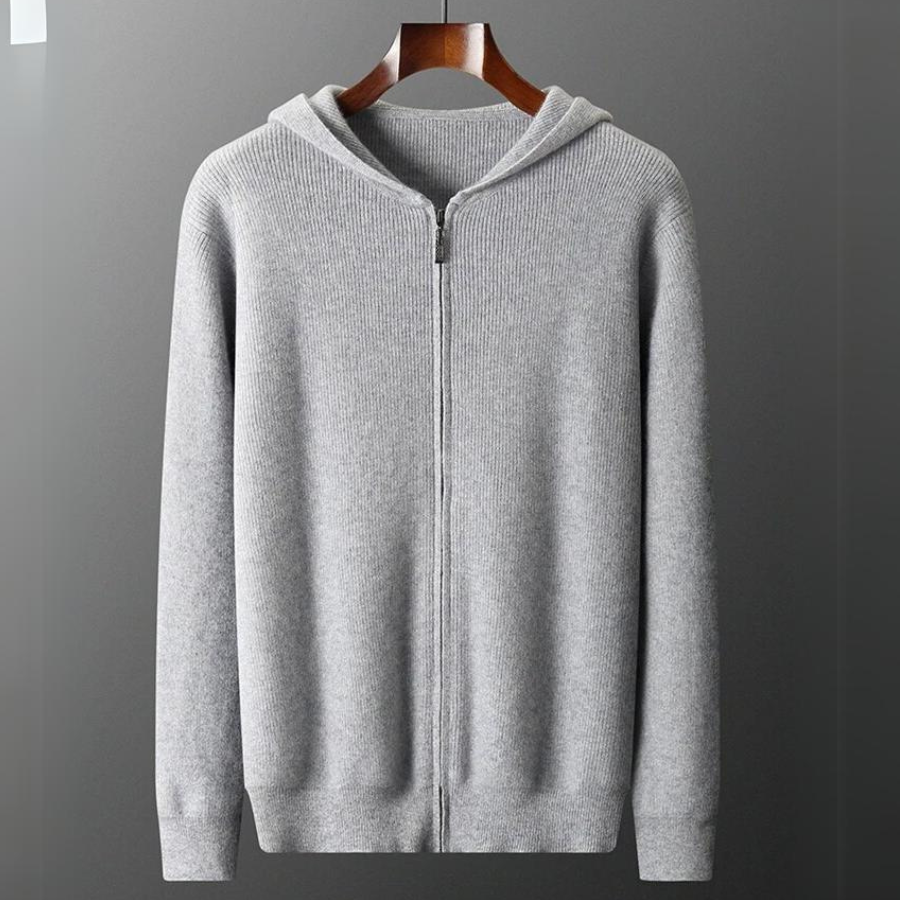Homixa Bellisse men's fine-knit zip-up hoodie with plain hood and straight cuffs, in blue, gray, or navy, showcasing a sleek, soft design.