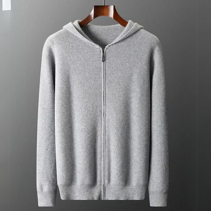 Homixa Bellisse men's fine-knit zip-up hoodie with plain hood and straight cuffs, in blue, gray, or navy, showcasing a sleek, soft design.