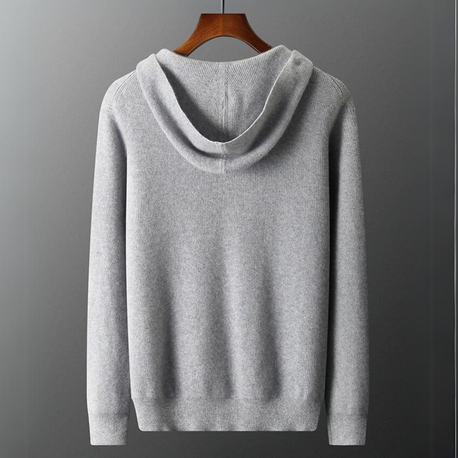 Homixa Bellisse men's zip-up hoodie with plain hood and straight cuffs, made from ultra-soft cashmere in blue-gray color.