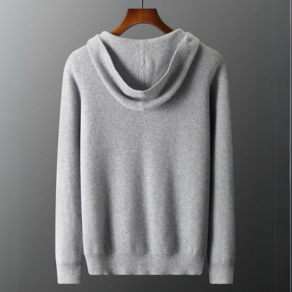 Homixa Bellisse men's zip-up hoodie with plain hood and straight cuffs, made from ultra-soft cashmere in blue-gray color.