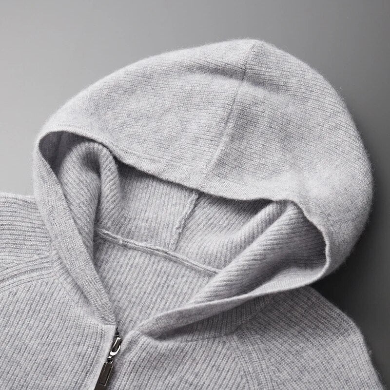 Homixa Bellisse men's fine-knit zip-up hoodie with plain hood, straight cuffs, in blue, gray, or navy, emphasizing soft, warm fabric.
