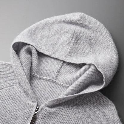 Homixa Bellisse men's fine-knit zip-up hoodie with plain hood, straight cuffs, in blue, gray, or navy, emphasizing soft, warm fabric.