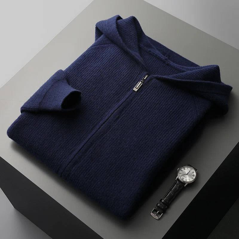 Homixa Bellisse men's fine-knit zip-up hoodie with plain hood and straight cuffs, shown in blue-gray cashmere fabric.