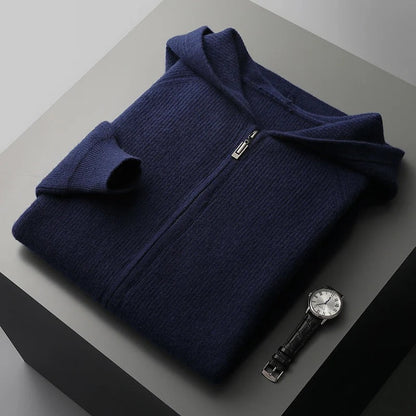 Homixa Bellisse men's fine-knit zip-up hoodie with plain hood and straight cuffs, shown in blue-gray cashmere fabric.