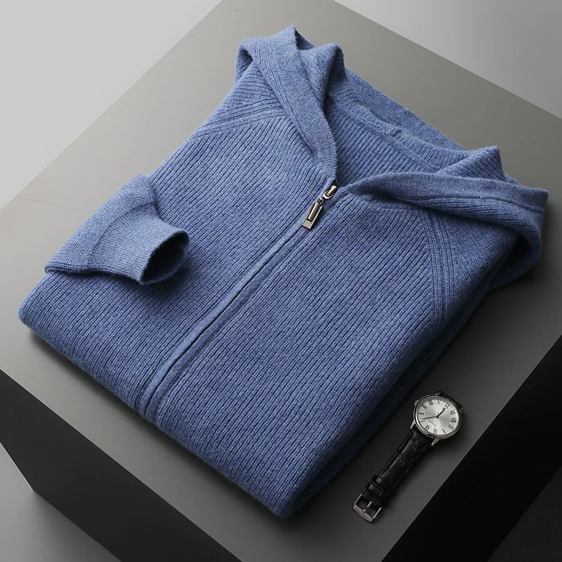 Homixa Bellisse men's fine-knit zip-up hoodie with plain hood and straight cuffs, in blue, gray, or navy, featuring a sleek design.
