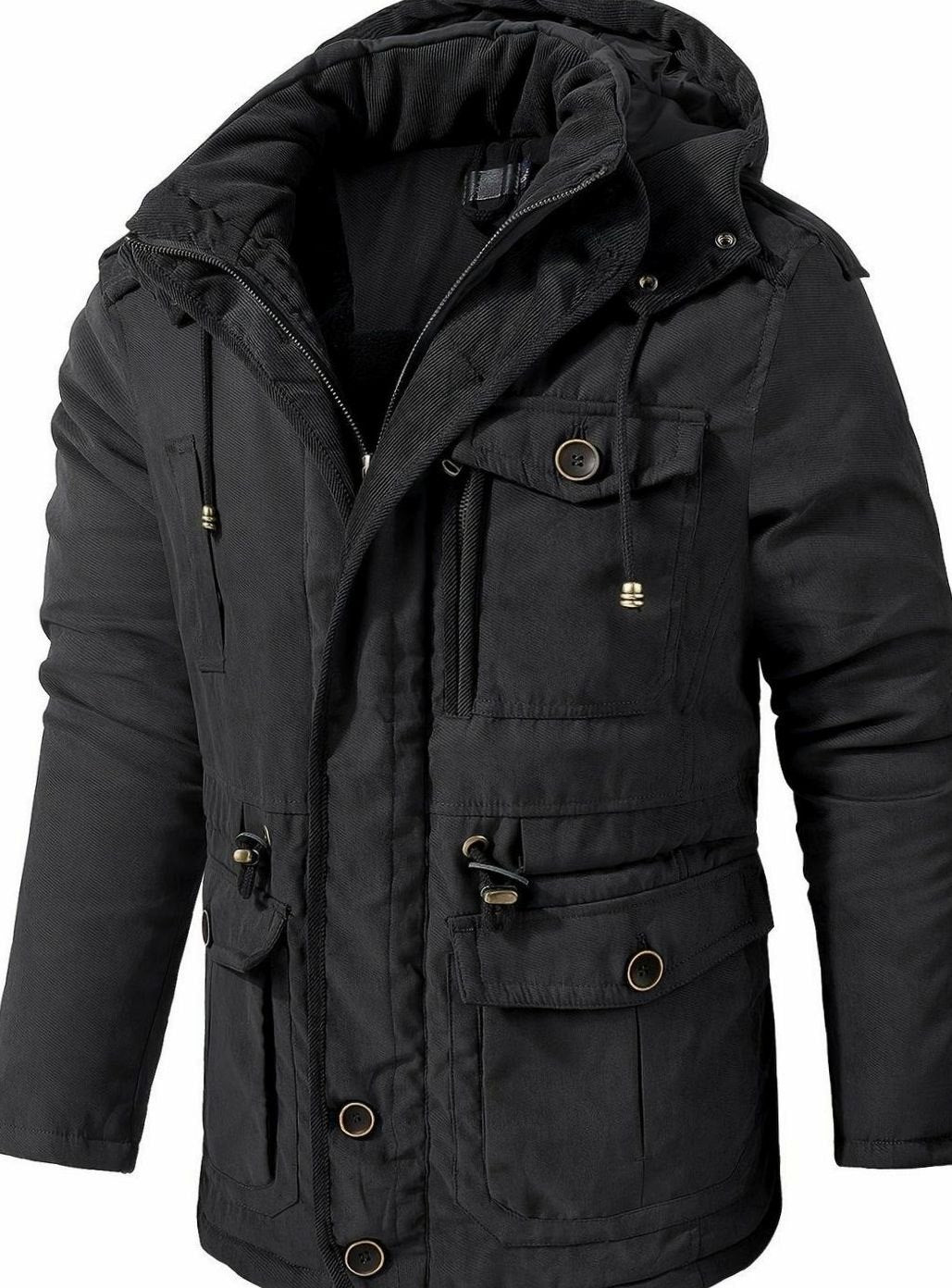 Men's Homixa utility jacket with adjustable hood, insulated padding, and cargo pockets, ideal for outdoor wear and layering.