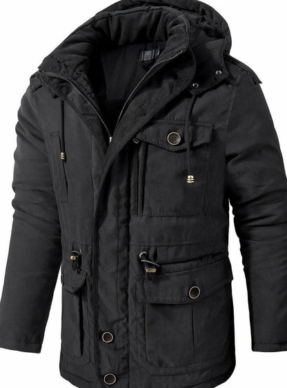 Men's Homixa utility jacket with adjustable hood, insulated padding, and cargo pockets, ideal for outdoor wear and layering.