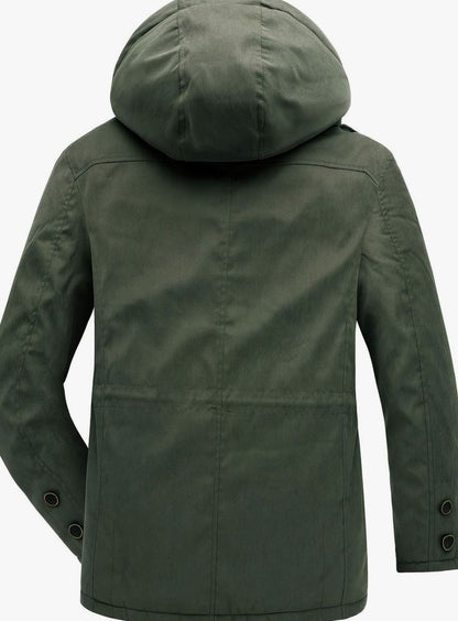 Men's Homixa utility jacket with adjustable hood, insulated padding, and multiple cargo pockets, suitable for outdoor wear.