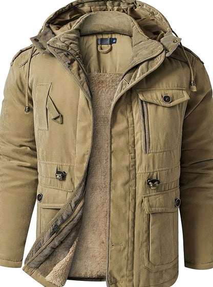 Men's Homixa utility jacket with adjustable hood, insulated padding, and cargo pockets, shown with front view and detailed features.