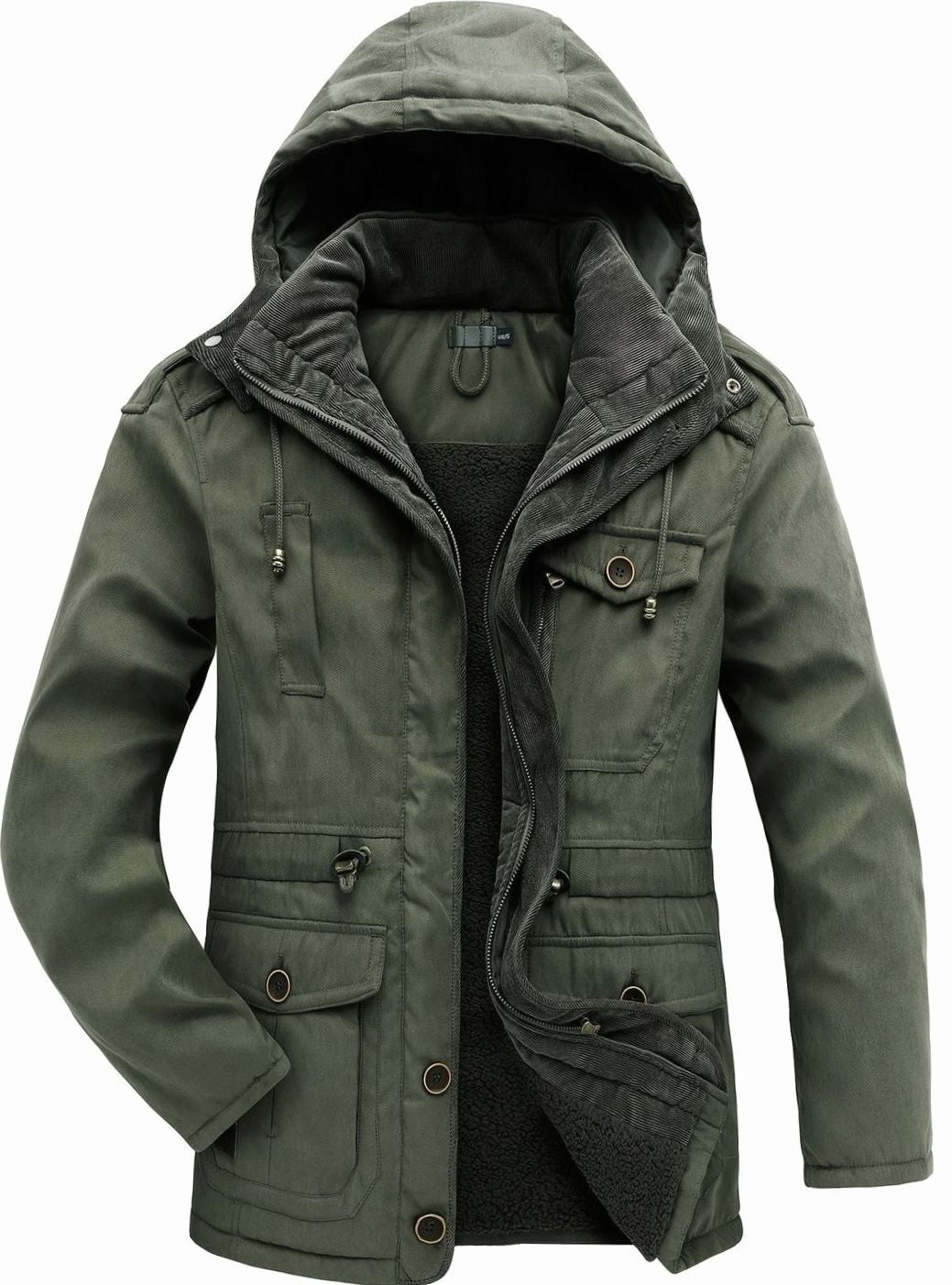 Men's Homixa utility jacket with adjustable hood, insulated padding, and multiple cargo pockets, ideal for outdoor wear.