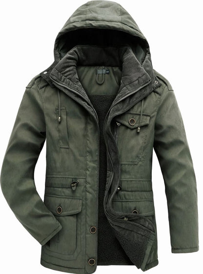 Men's Homixa utility jacket with adjustable hood, insulated padding, and multiple cargo pockets, ideal for outdoor wear.