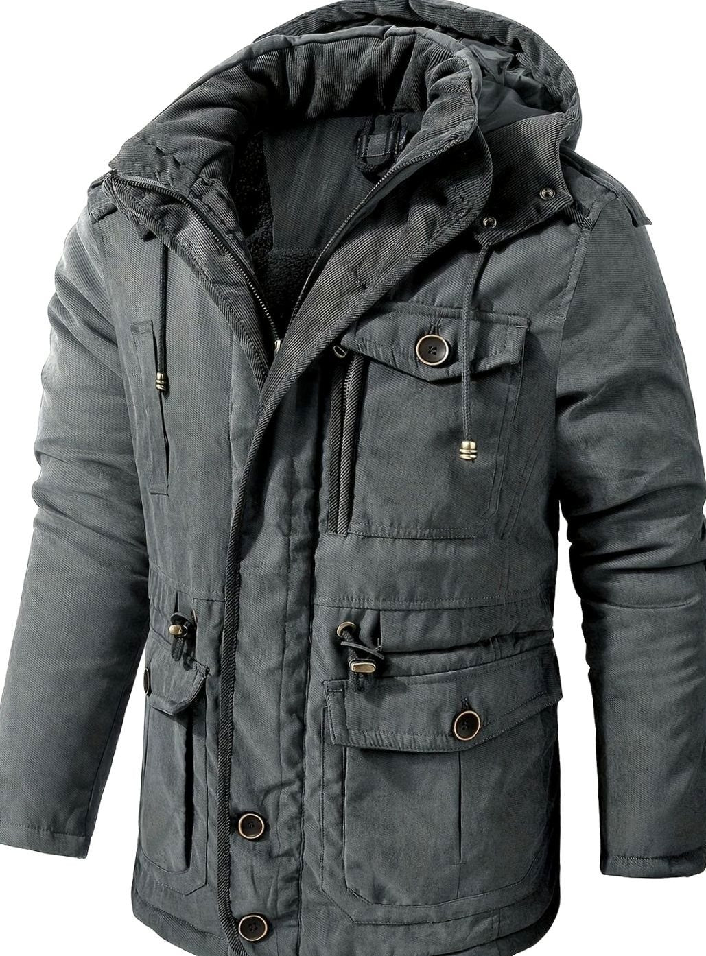 Men's Homixa utility jacket with adjustable hood, insulated padding, and cargo pockets, designed for outdoor wear and warmth.
