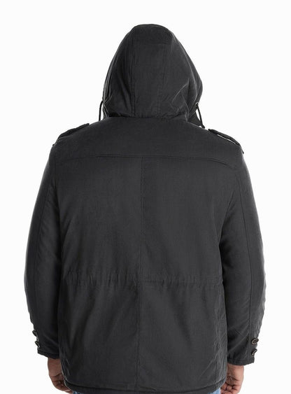 Men's Homixa utility jacket with adjustable hood, insulated padding, and multiple cargo pockets for outdoor wear.