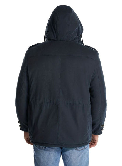 Men's Homixa utility jacket with adjustable hood, insulated padding, and cargo pockets, suitable for outdoor wear.