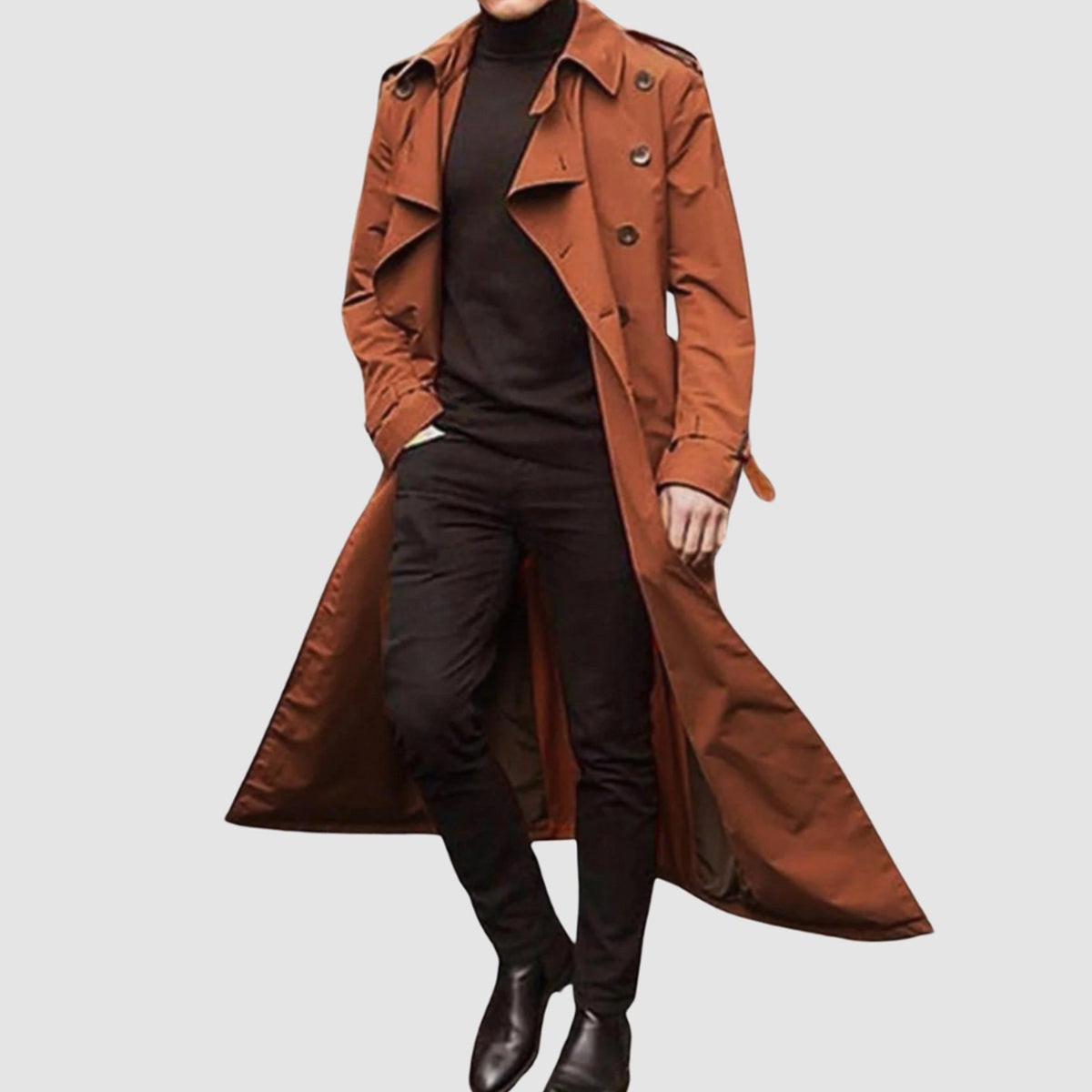 Men's vintage-inspired double-breasted long trench coat with belted cuffs, made by Homixa, shown on a model.