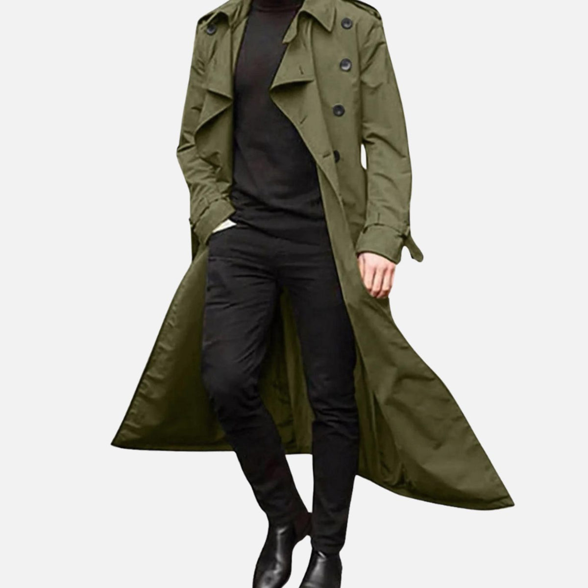 Men's vintage-inspired double-breasted long trench coat with belted cuffs, made by Homixa, shown on a model.