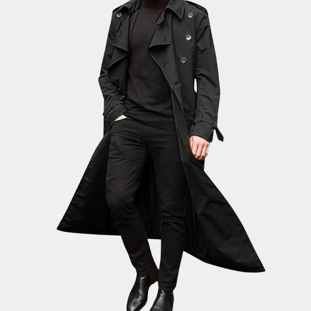Men's vintage-inspired double-breasted long trench coat by Homixa with belted cuffs, classic style, and tailored fit.