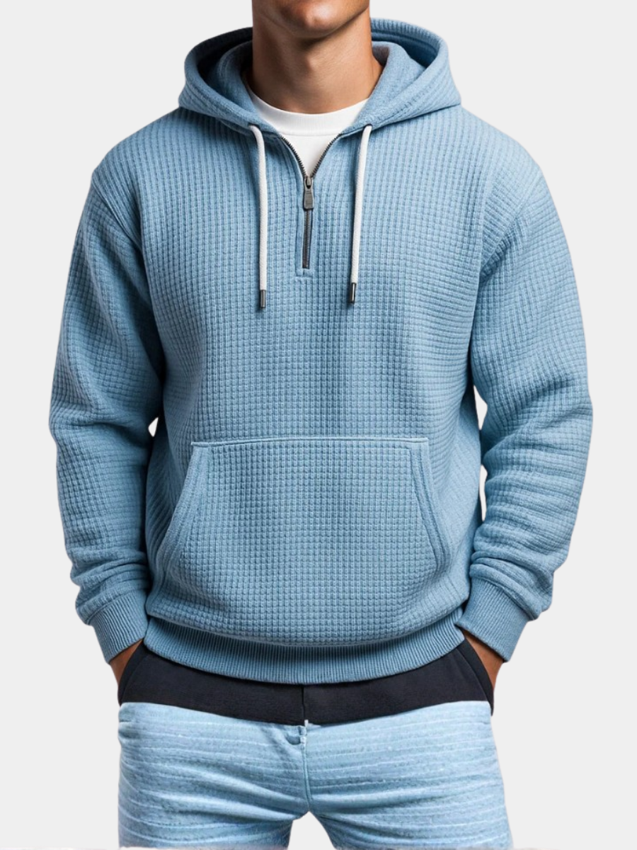 Men's waffle-knit half-zip hoodie from Homixa featuring a drawstring hood and kangaroo pocket, casual men's sweatshirt.