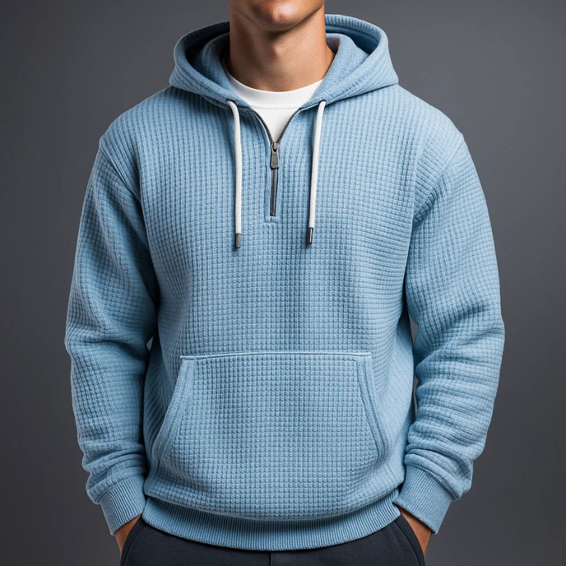 Men's waffle-knit half-zip hoodie by Homixa with drawstring hood and kangaroo pocket, perfect for casual layering.
