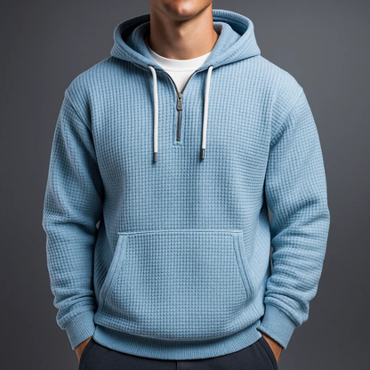 Men's waffle-knit half-zip hoodie by Homixa with drawstring hood and kangaroo pocket, perfect for casual layering.