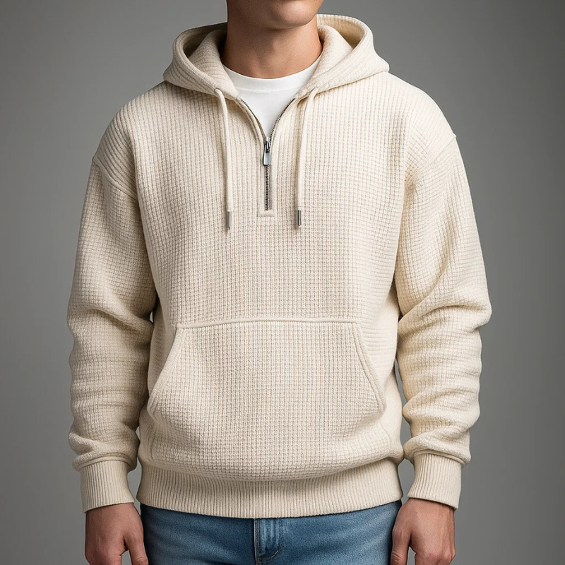 Men's waffle-knit half-zip hoodie by Homixa with drawstring hood and kangaroo pocket, casual and comfortable men's sweatshirt.